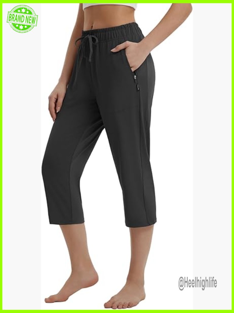 Yoga Capri Pants With Zipper Pockets Drawstring Waist 19" Inseam
